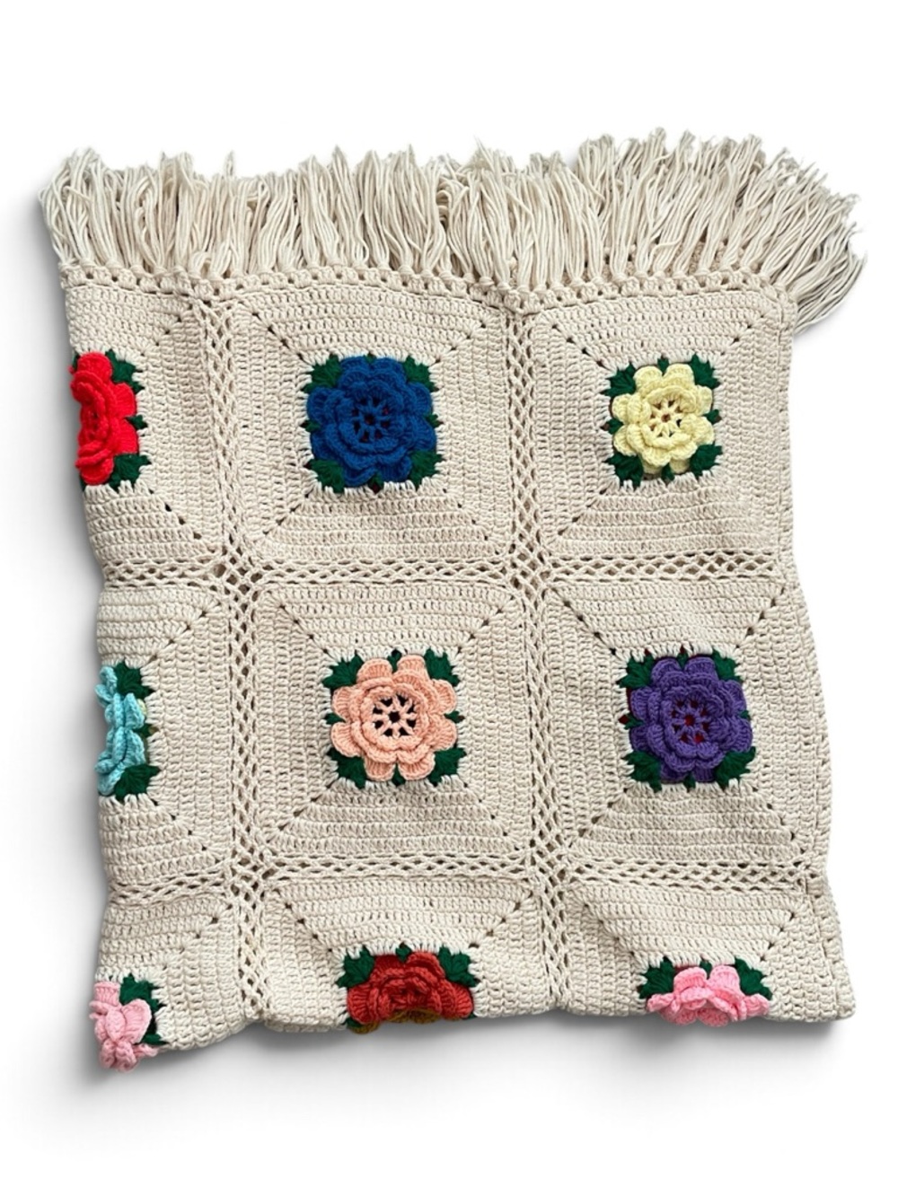 Vintage handmade 3D rose granny square crochet blanket afghan 64”X 62”